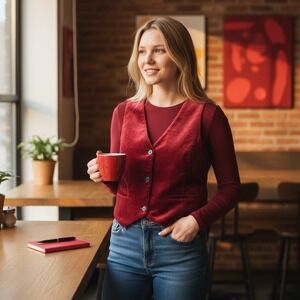 Vintage GAP Velvet Vest Womens L‎ Red Maroon Button Down Sleeveless Top